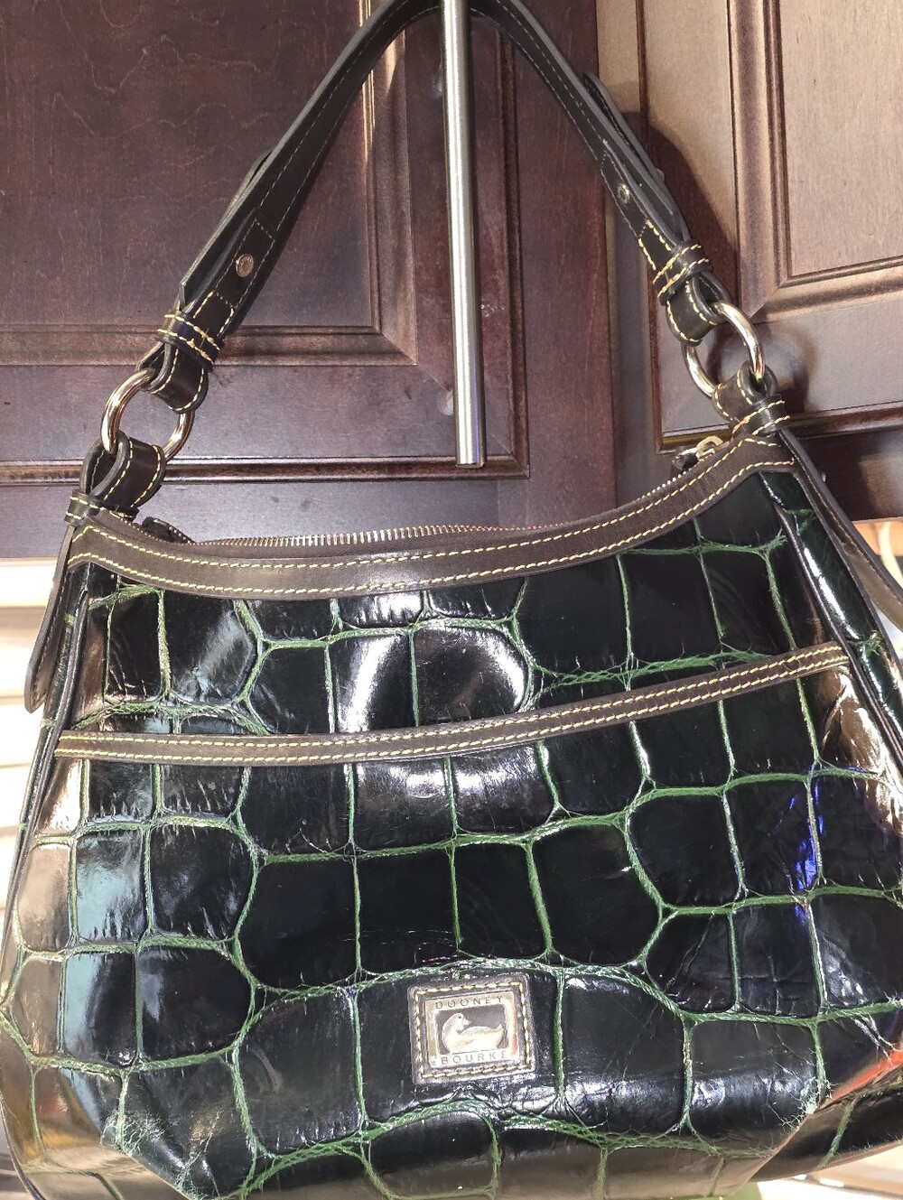 Dooney & Bourke Black and Green Croc-Embossed Hobo